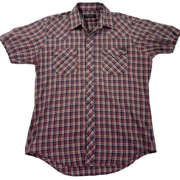 Roebucks Shirt Mens Large Red Blue Plaid Pearl Snap Short Sleeve Casual Western - Picture 1 of 8